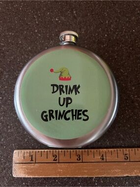 Wembley Presentville 10oz Smooth Steel Flask, “Drink Up Grinches”